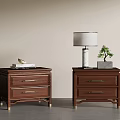 Modern Dark Brown Wooden Bedside Tables With Metal Handles Drawers Books Lamp And Small Plant