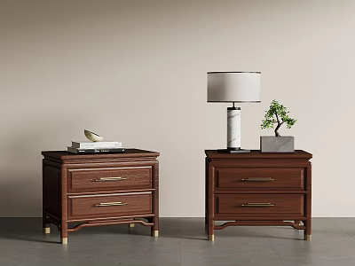 Modern Dark Brown Wooden Bedside Tables With Metal Handles Drawers Books Lamp And Small Plant 3d model