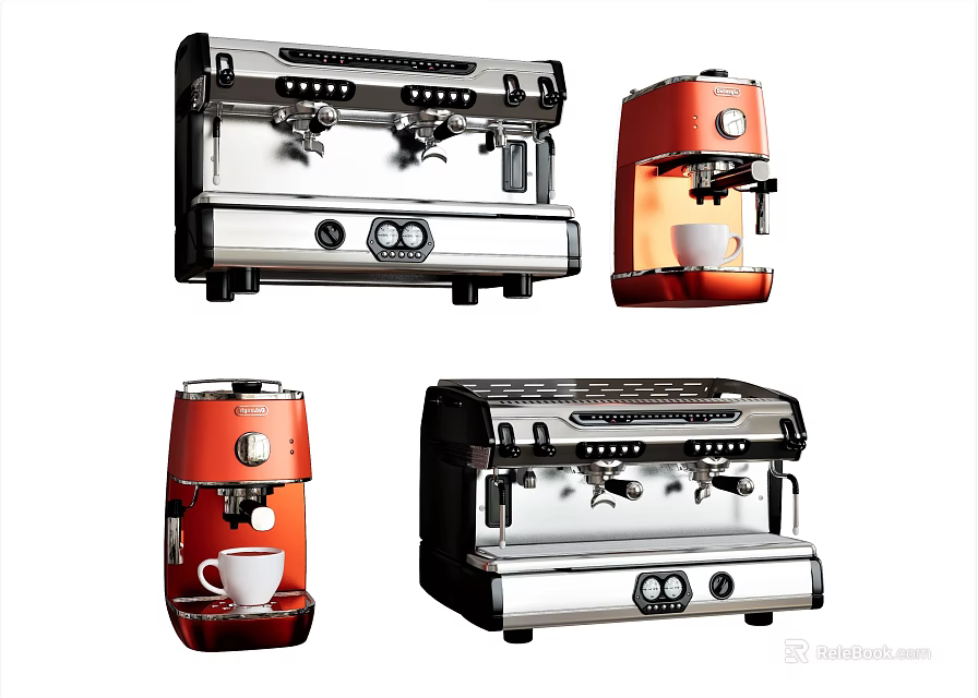 Modern Kitchen Appliances Featuring Different Coffee Machine Styles In Silver And Red 3d model 
