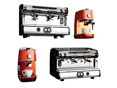 Modern Kitchen Appliances Featuring Different Coffee Machine Styles In Silver And Red 3d model