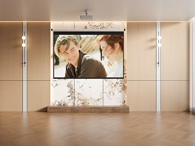 Modern Room With Large Screen Showing People Wooden Walls Floor And Lighting 3d model
