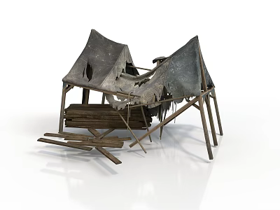 Old Tent Structure with Wooden Frame Torn Fabric Broken Parts and Scattered Planks 3d model