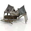 Old Tent Structure with Wooden Frame Torn Fabric Broken Parts and Scattered Planks