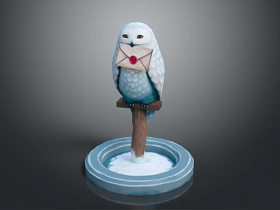 White Owl Figurine Holding Red Envelope Perched On Wooden Post With Circular Snowy Base 3d model