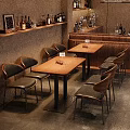 Rustic Restaurant Interior With Wooden Tables Black Leather Chairs And Bar Counter With Wine Bottles