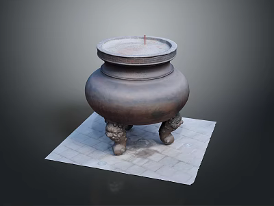 Traditional Bronze Incense Burner With Three Legged Design On Square Stone Slab Base 3d model
