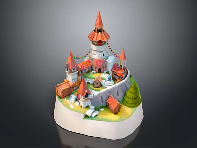 Cartoon Castle Village Scene With Red Pointed Towers Small Houses Green Trees And White Decorations 3d model