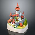 Cartoon Castle Village Scene With Red Pointed Towers Small Houses Green Trees And White Decorations