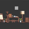 Vintage Wooden Furniture Collection Featuring Easel Desk Table Lamp Small Stool Potted Plant And Cabinet