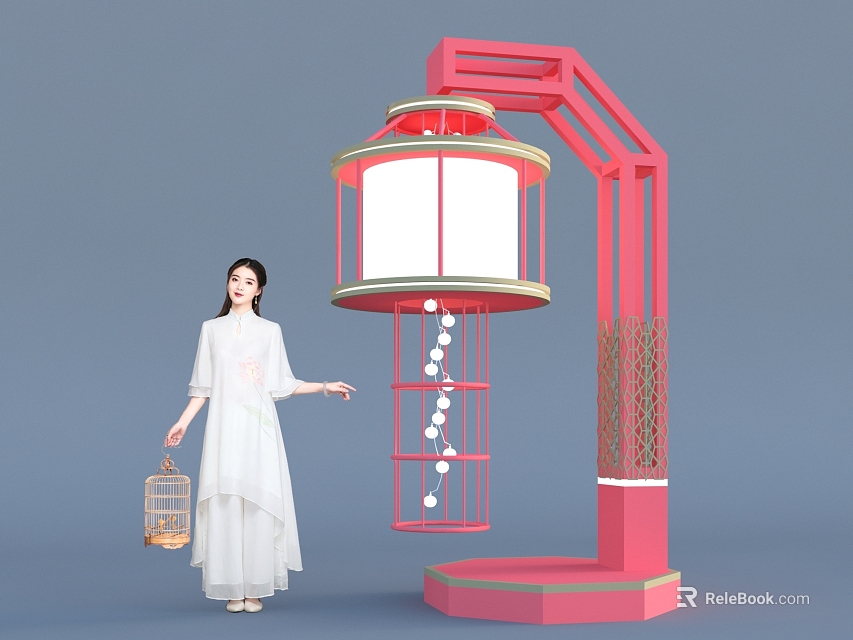 Traditional Chinese Red Decorative Lamp With White Lampshade Bead Decorations And Woman Beside 3d model 