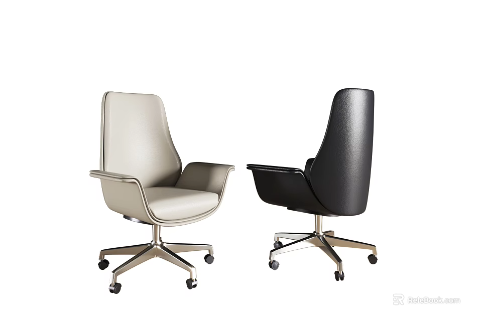 Ergonomic Light and Black Leather Office Chairs with Modern Swivel Base and Wheels 3d model 