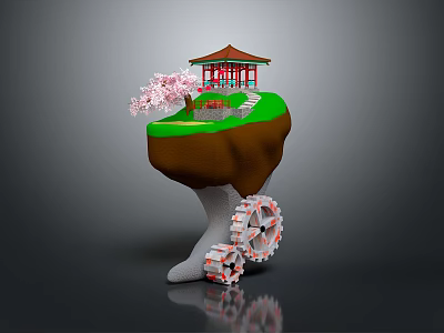 Floating Island Scene With Red Pavilion Green Grass Pink Cherry Blossom And Gears 3d model