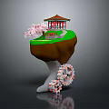 Floating Island Scene With Red Pavilion Green Grass Pink Cherry Blossom And Gears