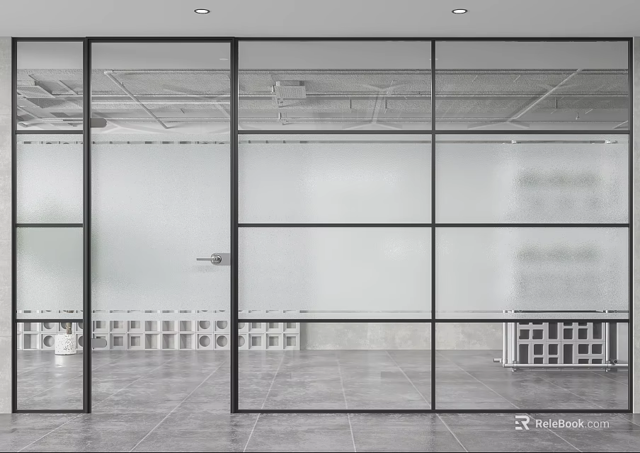 Modern Office Interior With Glass Partition And Frosted Glass Panels Tile Floor And Ceiling Lights 3d model 
