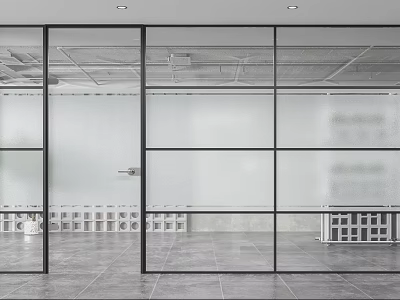 Modern Office Interior With Glass Partition And Frosted Glass Panels Tile Floor And Ceiling Lights 3d model