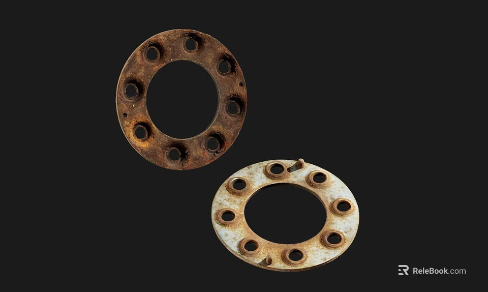 Rusted and Light Colored Metal Rings With Multiple Holes on Black Background 3d model 