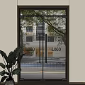 Modern Sliding Doors with Frosted Glass Logo Green Trees Outside and Indoor Plants
