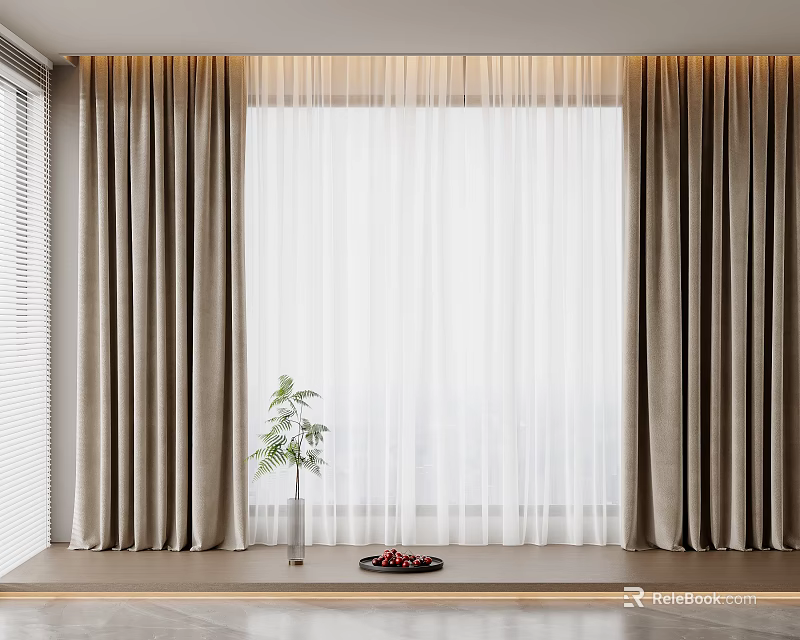 Elegant Beige Curtains With Sheer White Layers And Potted Plant On Windowsill 3d model 