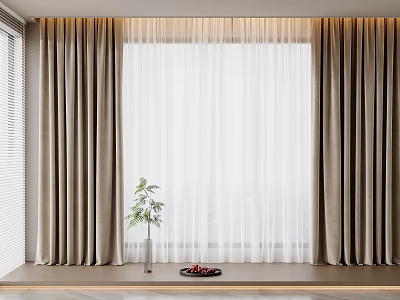 Elegant Beige Curtains With Sheer White Layers And Potted Plant On Windowsill 3d model
