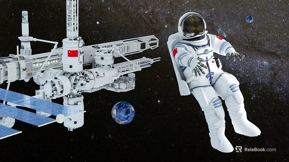 Male Astronaut Floating In Space With Chinese Space Station Module And Earth View 3d model 