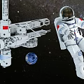 Male Astronaut Floating In Space With Chinese Space Station Module And Earth View