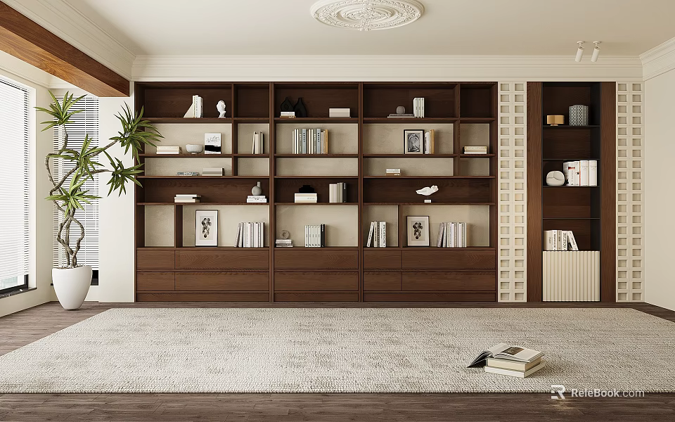 Modern Wooden Bookshelf Design With Open Shelves Books Photo Frames And Decorative Items 3d model 