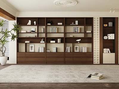 Modern Wooden Bookshelf Design With Open Shelves Books Photo Frames And Decorative Items 3d model