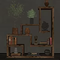 Wooden Decorative Cabinet With Multiple Shelves Plants Books Decorations And Lamp