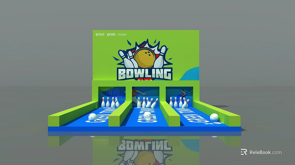Fun Bowling Interactive Zone With Lanes Pins Balls And Green Design Setup 3d model