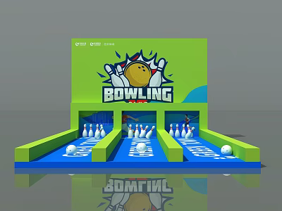 Fun Bowling Interactive Zone With Lanes Pins Balls And Green Design Setup 3d model