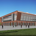 Red Brick School Building With White Accents Multiple Floors Lawn And Clear Sky