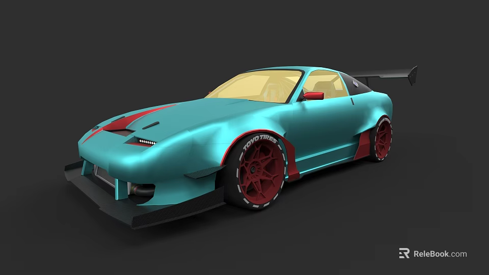 Teal Modified Sports Car Featuring Red Stripes Red Wheels And Rear Spoiler 3d model 