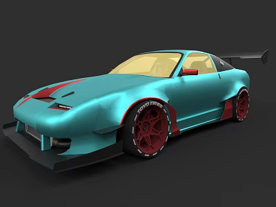 Teal Modified Sports Car Featuring Red Stripes Red Wheels And Rear Spoiler 3d model