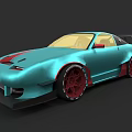 Teal Modified Sports Car Featuring Red Stripes Red Wheels And Rear Spoiler