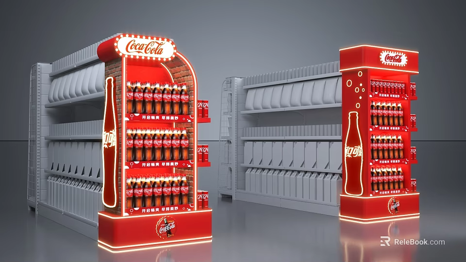 Coca-Cola Retail Store Interior With Red Illuminated Display Shelves And Bottles 3d model 