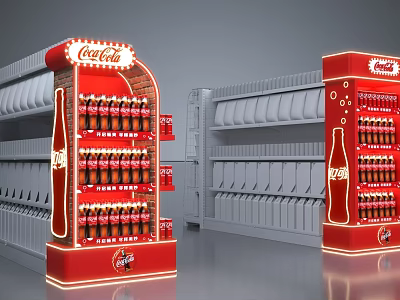 Coca-Cola Retail Store Interior With Red Illuminated Display Shelves And Bottles 3d model
