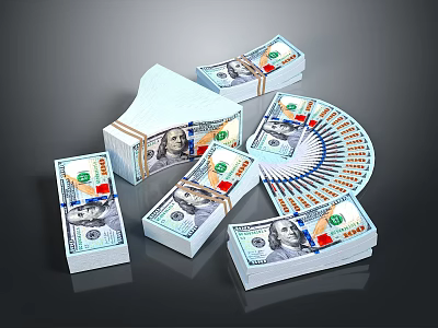 Neatly Stacked Bundled And Fanned US Dollar Banknotes On Black Background 3d model