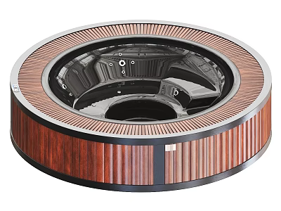 Elegant Round Modern Bathtub With Wooden Striped Exterior And Black Whirlpool Interior 3d model