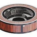 Elegant Round Modern Bathtub With Wooden Striped Exterior And Black Whirlpool Interior