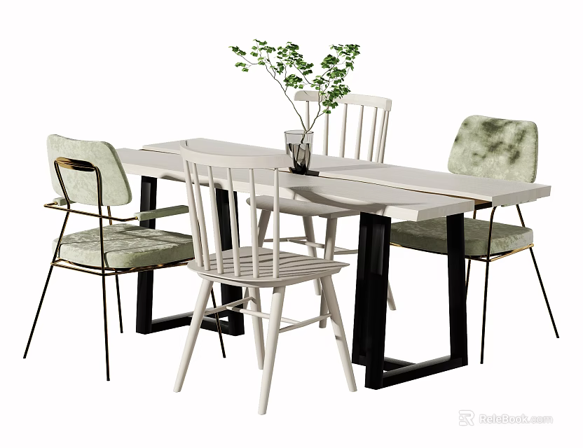 Modern Dining Table Set With Rectangular Top Black Legs Four Chairs And Green Plants 3d model