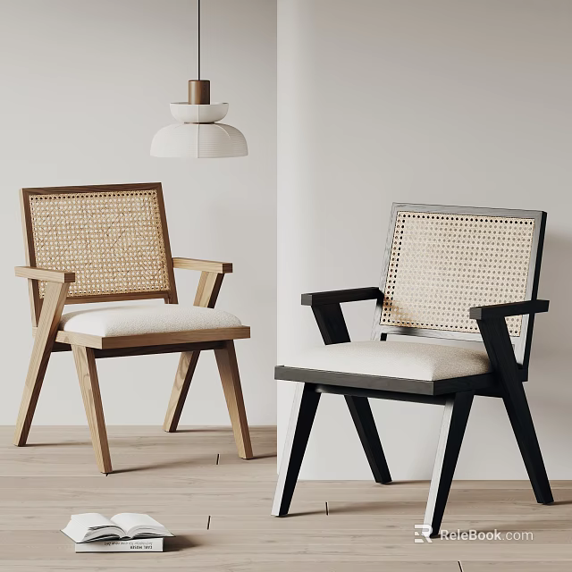 Modern Dining Chairs With Rattan Backrest Wooden And Black Frames Beige White Cushions 3d model 