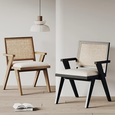 Modern Dining Chairs With Rattan Backrest Wooden And Black Frames Beige White Cushions 3d model
