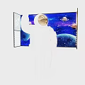 White Astronaut Sculpture With Raised Arm In Starry Space And Lighted Panels