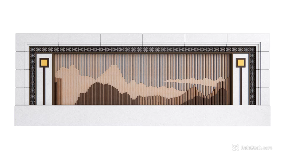 Elegant Decorative Wall With Wooden Slats Mountain Landscape And Side Lamp Posts 3d model 