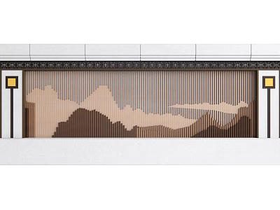 Elegant Decorative Wall With Wooden Slats Mountain Landscape And Side Lamp Posts 3d model