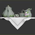 Porcelain Tea Set With Pink Floral Design Teapot Creamer Cup Saucer On White Napkin