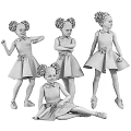 Little Girl In Gray Floral Dress With Bow And Sneakers In Various Poses
