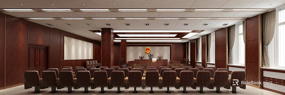 Courtroom Interior With Judge's Bench Wooden Panels And Arranged Seats 3d model 