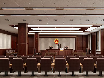 Courtroom Interior With Judge's Bench Wooden Panels And Arranged Seats 3d model