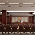 Courtroom Interior With Judge's Bench Wooden Panels And Arranged Seats